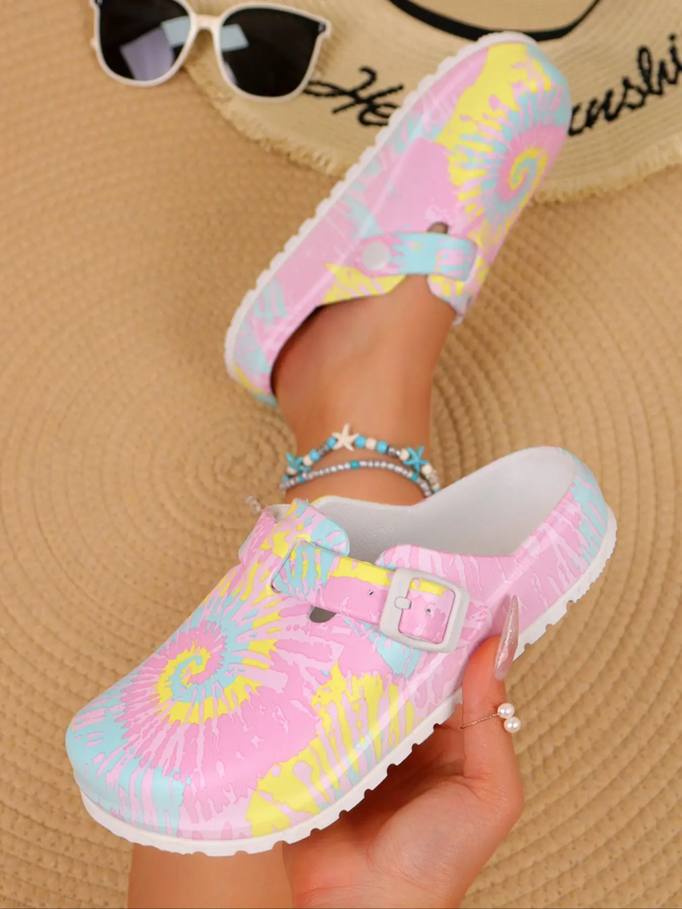 Women's Fashion Tie Dye Sandals Summer Beach Footwear, Eva Material, Adjustable Buckle, Comfortable Soft Sole, Suitable for Beach, Garden, Fall