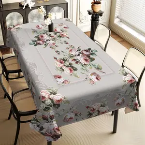 1Pc European Light Grey, Floral Rectangle Table Cloth, Family Kitchen Living Room Dining Table Cloth, Party Tablecloth, Kitchen Accessories, Room & Outdoor Decoration Tablecloth, Friends House warming Fashion Tablecloth
