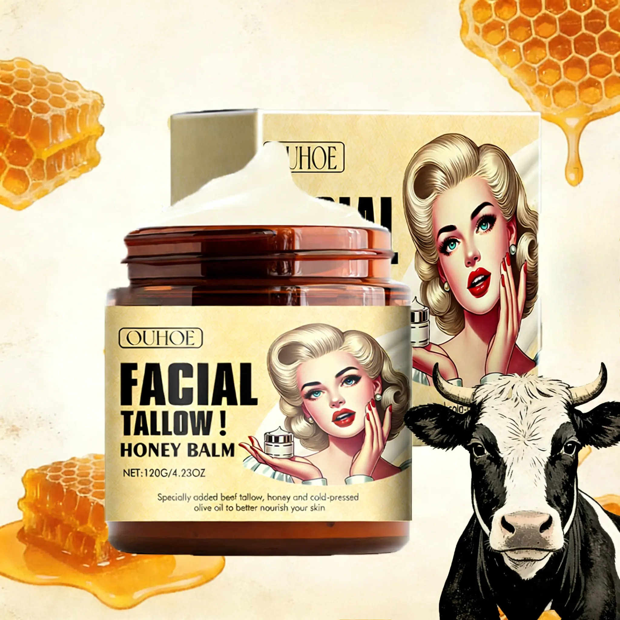 Cow Fat Honey Cream, Body and Facial Moisturizing Cream, Daily Essential Body and Facial Care Products, Gentle Moisturizing, Long-lasting Moisturizing, Fast Absorption Without Greasiness, Suitable for Men and Women