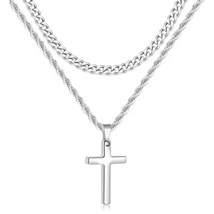 Cross Necklace for Men, Layered Mens Cross Necklaces Stainless Steel Cross Pendant Cuban Link Rope Chain