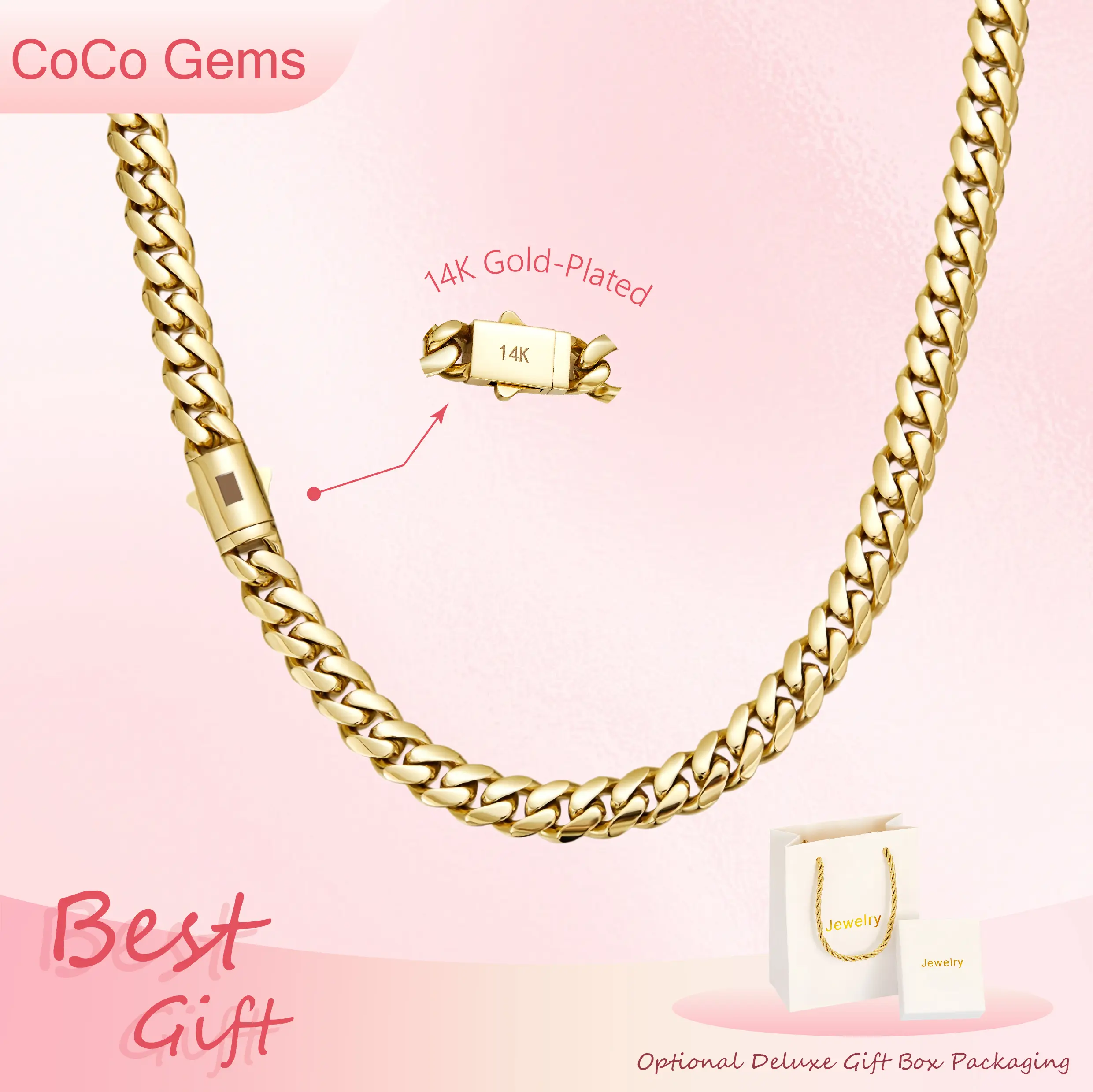 14K Gold Miami Cuban Link Chain Necklace – Vacuum Plated Stainless Steel with Black “S” Ear Clasp, 6-14MM Hip Hop Streetwear Jewelry for Men & Women, Italy Mexico Inspired, Luxury Daily Fashion Chain gift