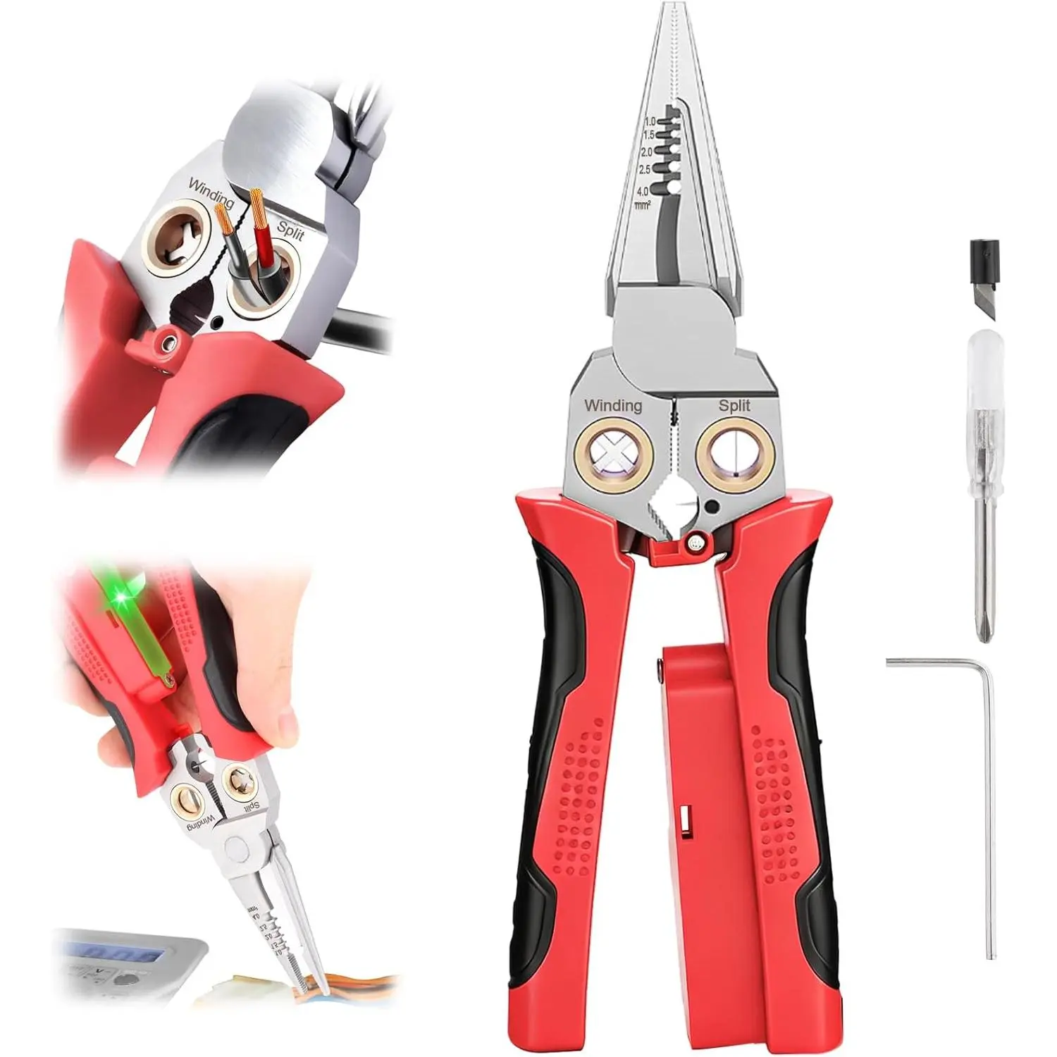 Pro 8-in-1 Wire Stripping Pliers with  Tester for Live/Neutral Wires 12-250V,  Nose Pliers, Wire , Crimper and Wire Twister, Heavy Duty Electrical Tool for Electricians(Red)
