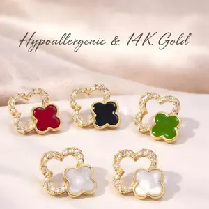 Women's 4-Leaf Clover Floral Bow Stud Earrings, Stylish Exquisite Costume Jewelry, Daily Earring for Women, Girly Accessories, Ideal Gift for Girlfriend’s Mother for Parties,summervibes outdoorfun