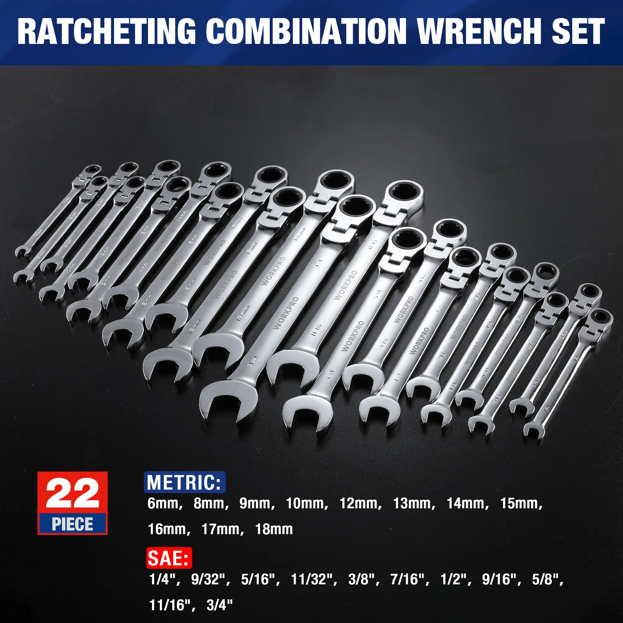 WORKPRO 22-Piece Swivel Head Ratchet Wrench Set (Imperial & Metric), 72-Tooth 180° Swivel Head Wrench Kit with Storage Case, Professional Tools for Auto Repair