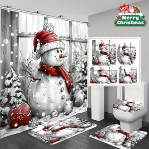 1/4 pcs Christmas snowman red scarf design shower curtain set, festive design, non-slip floor mat, U-shaped carpet, toilet lid cover, perfect for bathroom decoration, partition, beautify the space, Bathroom Decoration Accessories