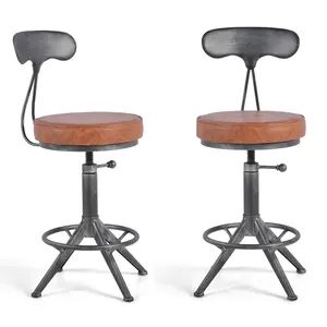 American Antique Steampunk Bar Stool with Backs 17.72"-21.65" Vintage Industrial Adjustable Swivel Counter Stool for Home, Dining, Breakfast, Pub, Office, (Heavy Duty,Silver Grey & Brown)