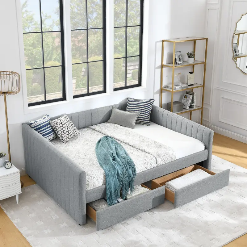Queen Size Daybed Frame with Two Storage Drawers Trundle Upholstered Sofa Bed, with Vertical Stripes Linen Fabric, No Box Spring Needed, Grey (86.5"x65"x30")
