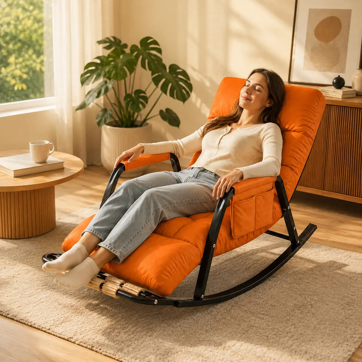 High Back Rocking Chair with Footrest Massage Rollers - Stain & Water Resistant, Wear Resistant Tufted Cushion, Padded Armrests, Side Pocket, Sturdy Metal Frame - Indoor Adult Reading Accent Chair for Living Room, Bedroom