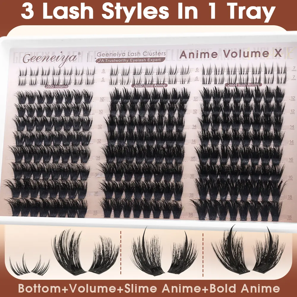 Geeneiya Anime Volume X  Lash Clusters  Full Eyelash Extensions with Spike Lash CLusters Lightweight Faux Mink Eyelash Clusters  with Bottom Lashes , D Curvature  DIY Lash Clusters
