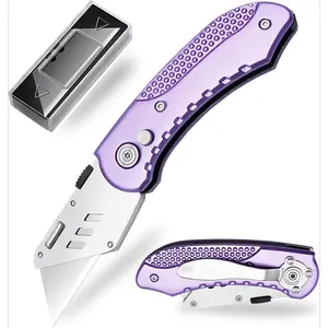 X-KC15 Folding Utility Knife, Box Cutter with 5 SK5 Quick Change Blades, Safety Axis Lock Design Razor Knife, Lightweight Aluminum Handle Belt Clip for Office Home Artcraft (Light Purple)