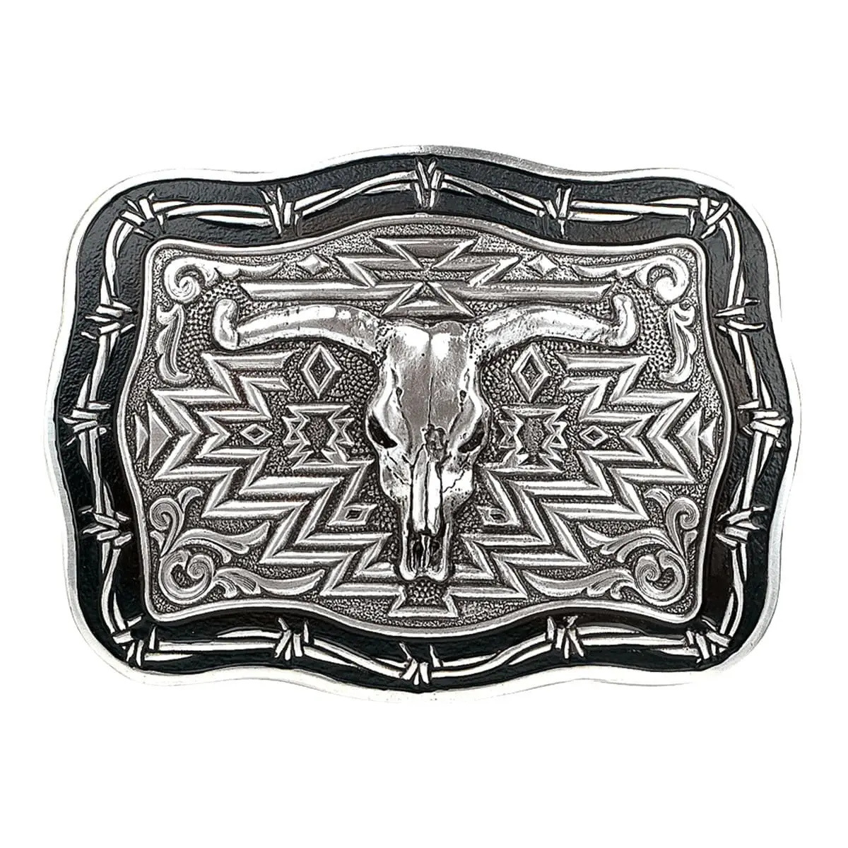 Vintage Belt, Southwestern Statement Belt Buckle - Crumrine Cow Skull Design, Barbed Wire Engraving, Silver Metal Rectangle Style, Stylish Statement Accessory (38026), Statement Belts