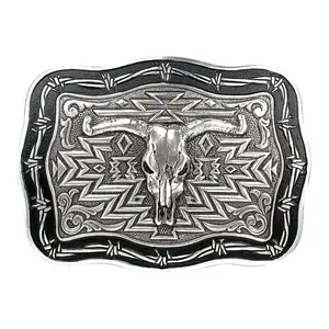 Crumrine Cow Skull Belt Buckle with Barbed Wire Edge & Southwestern Design Rectangle 38026