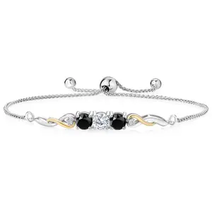 Two-Tone Gemstone Birthstone and Black Onyx and Accent Lab Grown Diamond Infinity Tennis Bracelet For Women In 925 Silver and 10K Yellow Gold | Round 5MM and 1.3MM | Fully Adjustable Up to 9 Inch