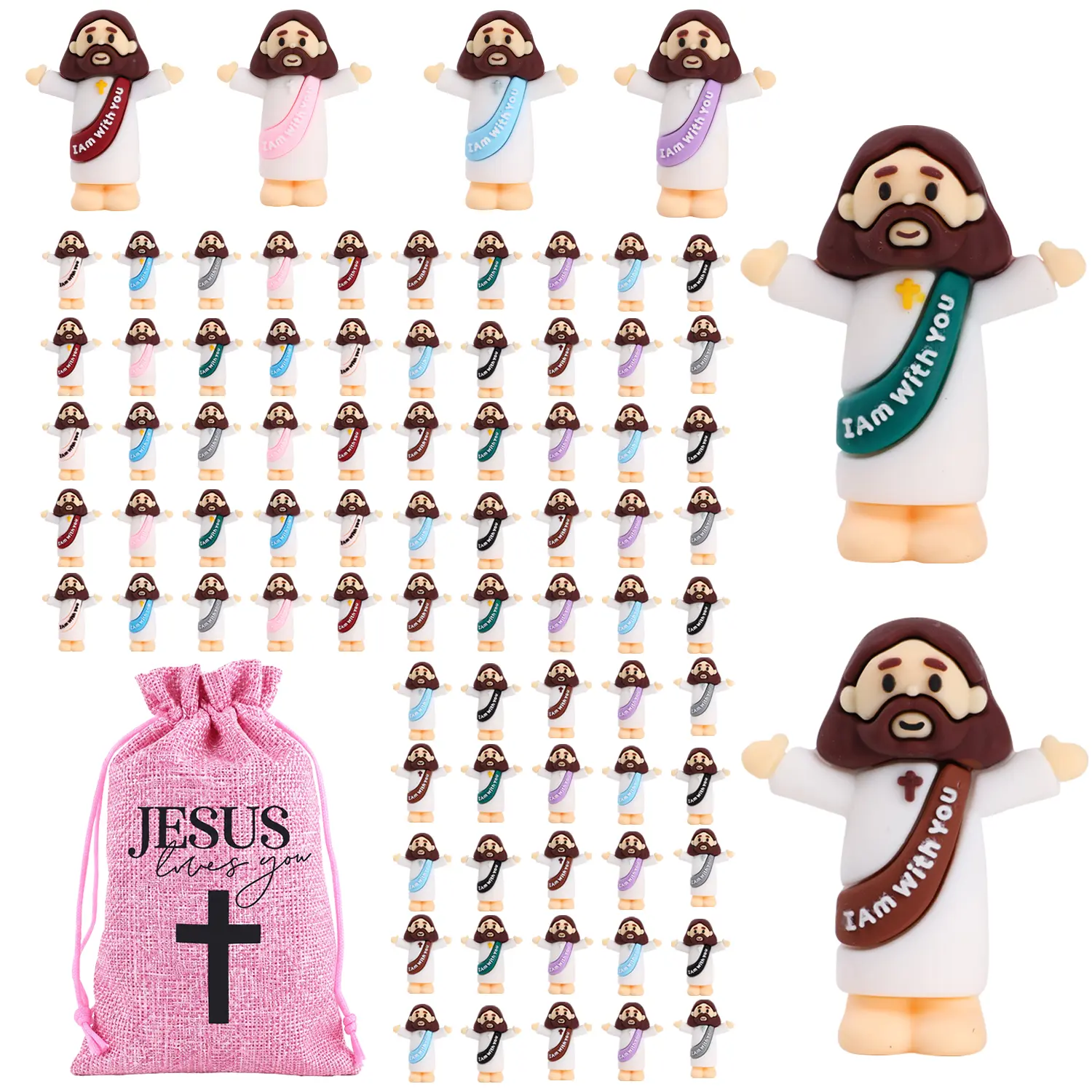 100 PCS Mini Jesus Figures in Bulk W/ Pouch, Multicolor Little Baby Jesus Loves You Figurines, Small Christian Religious Party Favors Gifts for Hide and Seek Sunday School Church Baptism & Nativity