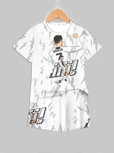 Boys Summer Set, Juventus Anime Illustration Printed Short Sleeve Suit, Casual Fitted Regular Length Shorts, Trendy Fanwear