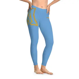 Gold Cross Stretchy Leggings in Light Blue with Gold Logo for Women