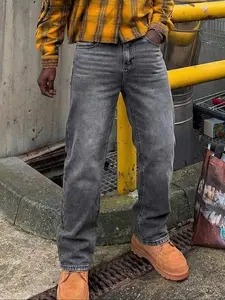 Straight Leg Denim Jeans Cotton Slant Pockets Washed Jean, Casual Versatile Wide Leg Jeans, Couple Matching Straight Fit Loose Fit