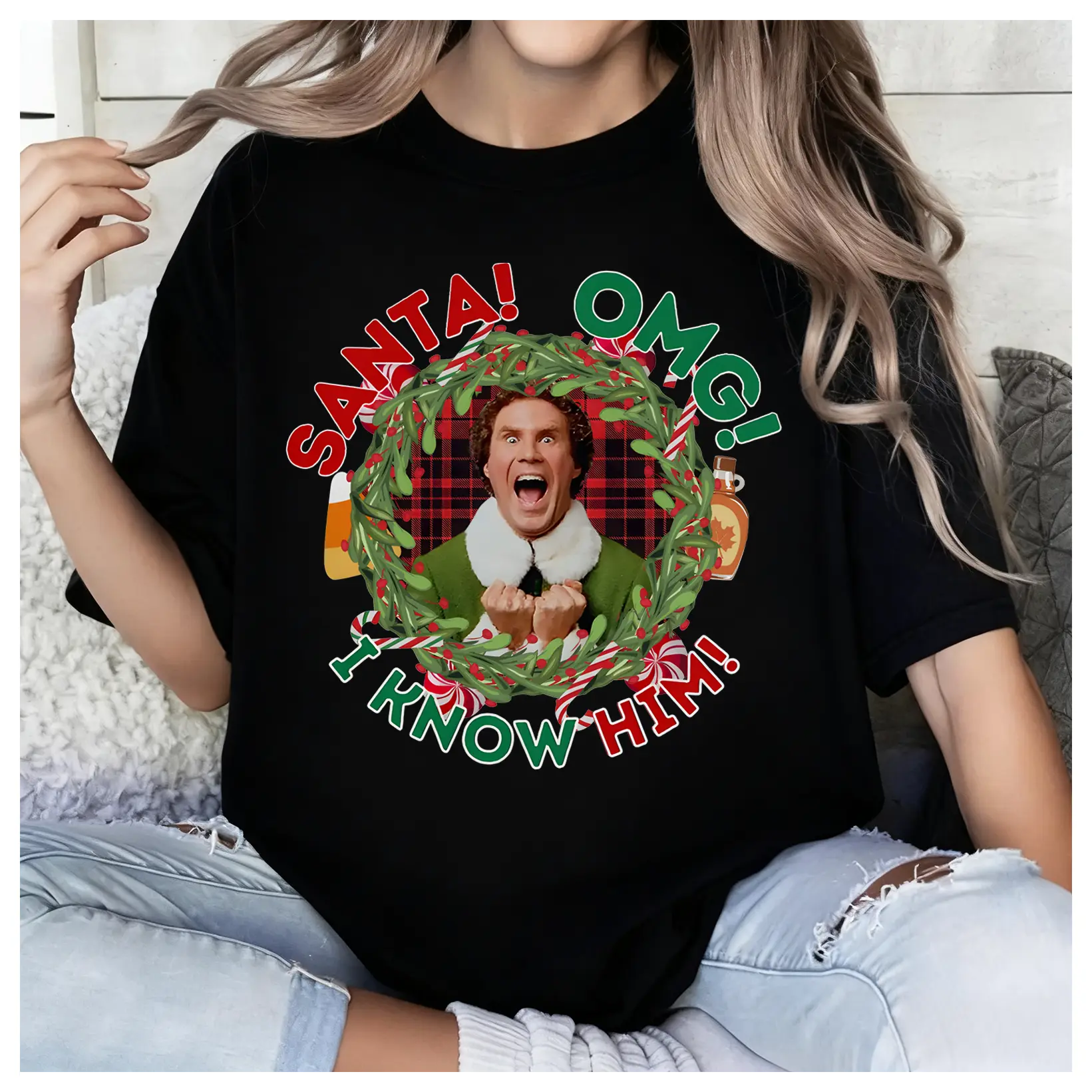 Delivered after Christmas-Christmas Movie Classic Characters ELF T-Shirt, 100% Cotton Xmas Shirt, Funny Quotes "Santa OMG, I Know Him!"Tee
