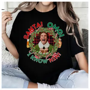 Delivered after Christmas-Christmas Movie Classic Characters ELF T-Shirt, 100% Cotton Xmas Shirt, Funny Quotes "Santa OMG, I Know Him!"Tee
