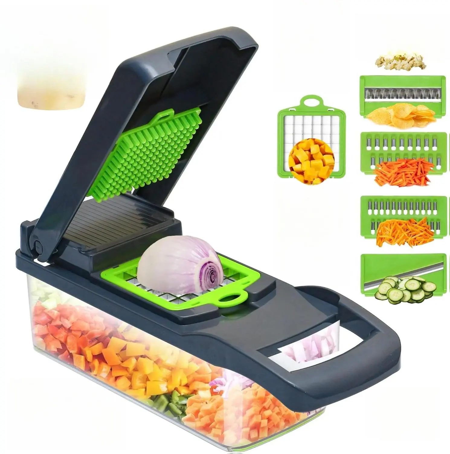 [New deal] - Vegetable Chopper Mandoline Onion Slicer | 16-in-1 Multifunctional Vegetable Dicer Food Chopper with Container | 8 Changeable Sharp Stainless Steel Cutting Blade