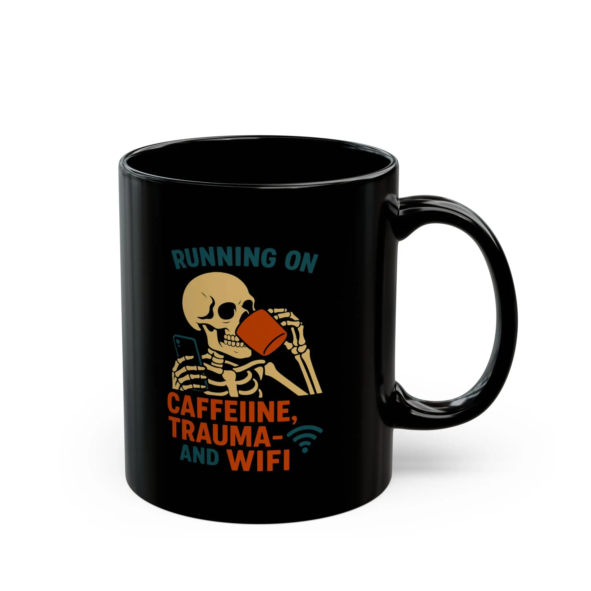 Caffeine & Trauma Mug Funny Coffee Cup Skeleton Design Halloween Decor Gift for Nurses Office Humor Ceramic Drinkware 11Oz Glossy Black Reusable Tumbler
