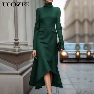 UOOZEE 2025 New Minimalist Elegant Long-Sleeve Polyester Blend Women's High-Neck Turtleneck Midi Dress, Pull-On Solid Color Skinny Fit, for Casual & Formal Occasions (Formal Dresses)