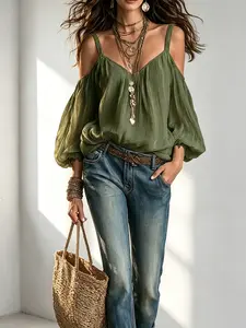Women's European-American Style Solid Color Off-Shoulder Suspender Puff Sleeve Loose Slimming Vacation Cover Up Shirt
