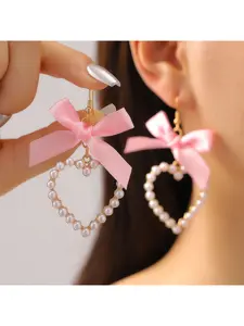 Butterfly Bow Ribbon Imitation Pearl Heart Earrings for Women Elegant and Unique Silver Earrings Fashion Statement Jewelry Gift Idea