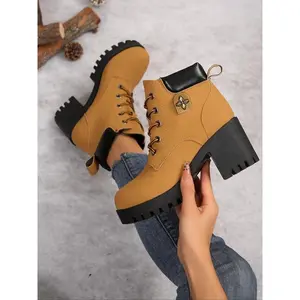 Women's Fashionable Solid Pink Leather Ankle Boots, Lace - Up with Metal Emblem Decor Chunky Heel Combat Boots, Stylish Footwear for Daily Wear, Street Fashion, Autumn - Winter Outings & Sweet - Edgy Looks