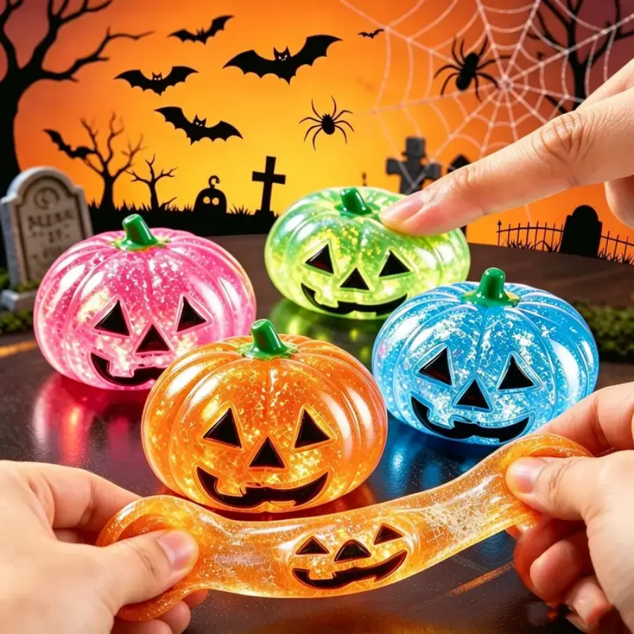 Glitter Halloween Jack-o'-lantern Baby Squishy, Slow Rebound Pumpkin Fidget Squeeze Ball, Portable Stress Relief Sensory Toy, Halloween Party Favor Desk Gift for All Ages. Note: Slightly firm texture, skip if you dislike hard squishies