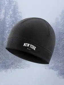 Fleece Beanie Hat New York Usa Print, Winter Outdoor Skiing Snowboarding, Warm Fitted Headwear, Casual Style, Fall & Winter