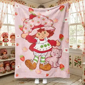 Retro Cute Strawberry Girl Flannel Blanket, Vintage Cartoon Coquette Plush Throw for Bed Sofa, Soft Cottagecore Dorm Decor, Aesthetic Birthday Holiday Gift for Girls Daughter Friends Room