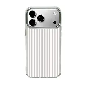 Gray striped phone case, suitable for iPhone17 ProMax, 16Pro, 15, 14, 13, 12, smartphone case, premium electroplated silver frame, military-grade protection