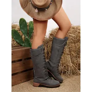 Women's autumn and winter fashion over-the-knee boots, thick-heeled, thick-soled, high-water platform, waterproof upper lace-up, outdoor boots, light and comfortable, soft sole, anti-slip, wear-resistant fashion boots.