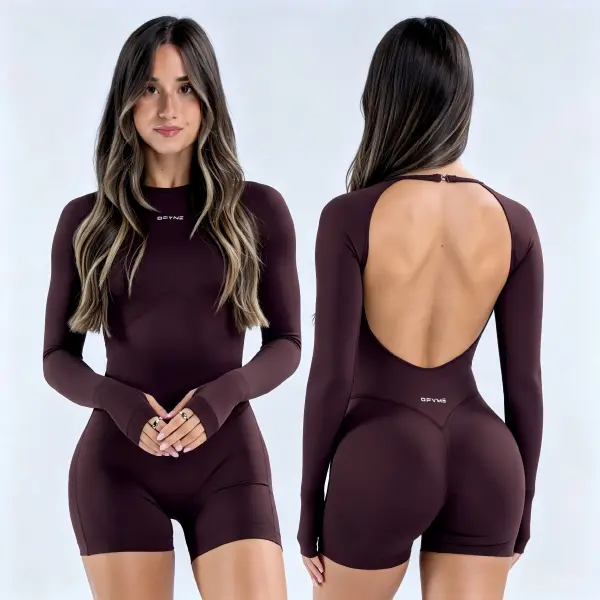 (With Logo) DFYNE Backless Long Sleeve Yoga Bodysuit,PilatesTok ，GymFit ，OpenBackBodysuit ，SeamlessActivewear ，WorkoutRomper ，YogaOnesie ,FitnessOutfit ,SculptWear
