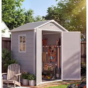 Outdoor Storage Shed with Floor, Plastic Resin Garden Shed with Window & Sloping Roof & Lockable Door for Patio Backyard Garden, Lawn Mower, Bike, Tool Storage (6' x 4')