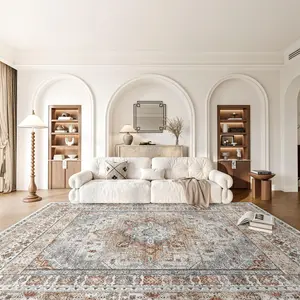 Vintage Persian Area Rug, Distressed Medallion Living Room Rug, Washable Non Slip Low Pile Large Floor Carpet, Soft Faux Cashmere Farmhouse Rug for Bedroom Dining Room Nursery Office Entryway, Boho Oriental Accent Mat for Apartment Dorm Home Decor Rug