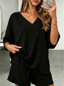 2026 Women's Two Piece Sets Oversized V-Neck Half Sleeve Top & Shorts Casual Lounge Set for Summer Beach Vacation Travel