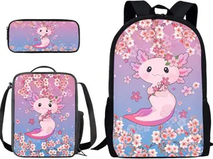 Girls' 3-Piece Pastel Cherry Blossom Axolotl Graphic Backpack Set - Skin-Friendly Waterproof Polyester, Dream Gradient Sakura Print, Ergonomic Cushioned Comfort, Cute Pink Salamander Design (Sports & Outdoor Camping Hiking Use)