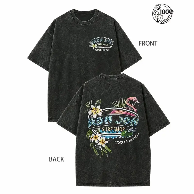 230g Heavyweight Vintage Washed Cotton T-Shirt - Tropical Flamingo & Surfboard Graphic Print, Dual-Sided Beach Carnival Design, Loose Fit Crew Neck Short Sleeve for Men & Women, Summer Surfing, Parties, Beachwear (Machine Washable)viral tiktok shirt