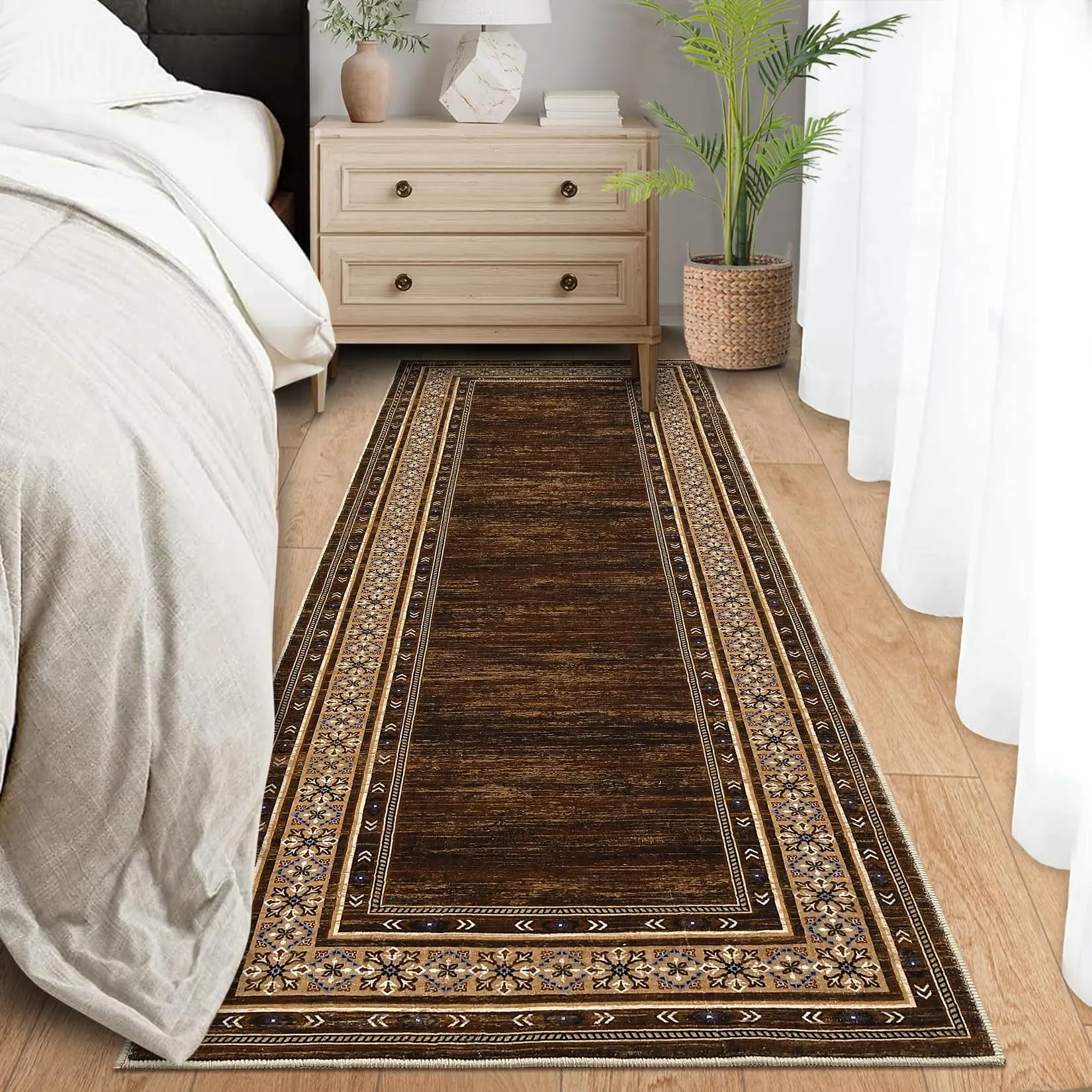 2x6 Washable Runner Rug, Indoor Modern Hallway Runner, Soft Non Slip Throw Entryway Mat, Contemporary Geometric Rugs for Laundry Bathroom Kitchen, Foldable Thin Area Rugs, Red Brown