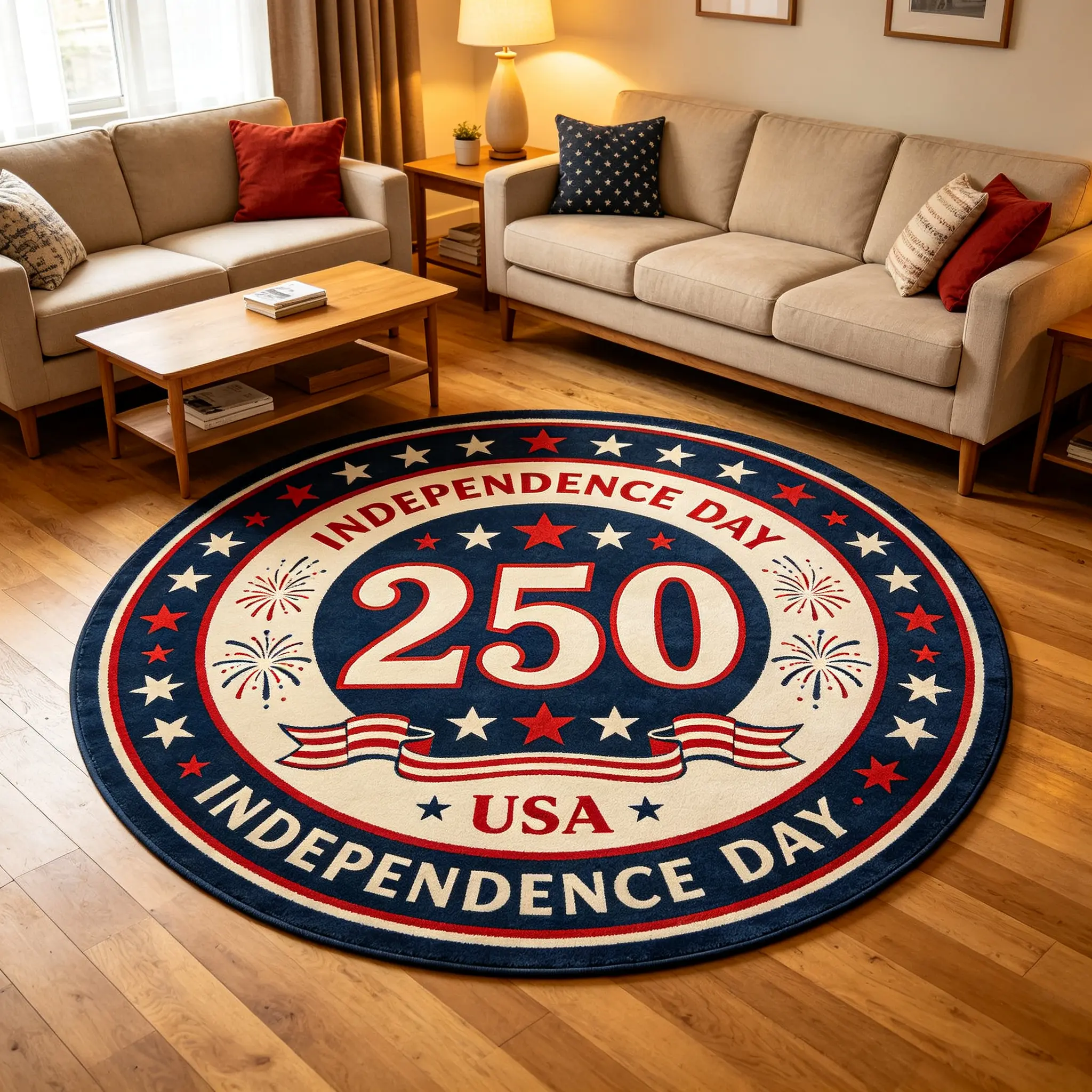250th USA Independence Day Round Patriotic Theme Area Rug, Geometric Flag Pattern Indoor Use Floor Mat with US Pride Decor, Star Pattern, Geometric Flag Pattern Area Rugs