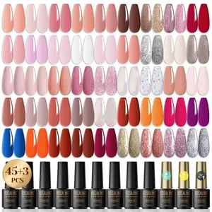 ROSALIND 48PCS Colorful Gel Nail Polish Set Neutral Jelly Pink Nude Sheer White Color with Gel Base Coat and Matte Glossy Top Coat Need Uv Nail Lamp to Dry Gel Set Salon Manicure DIY for Girls Set