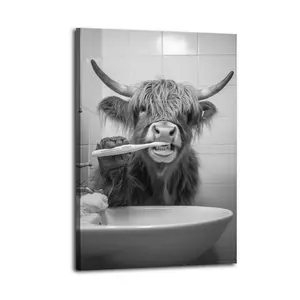 Funny Highland Cow Brushing Teeth Canvas Wall Art - Quirky Black & White Decor for Bathroom, Farmhouse Kitchen & Laundry Room