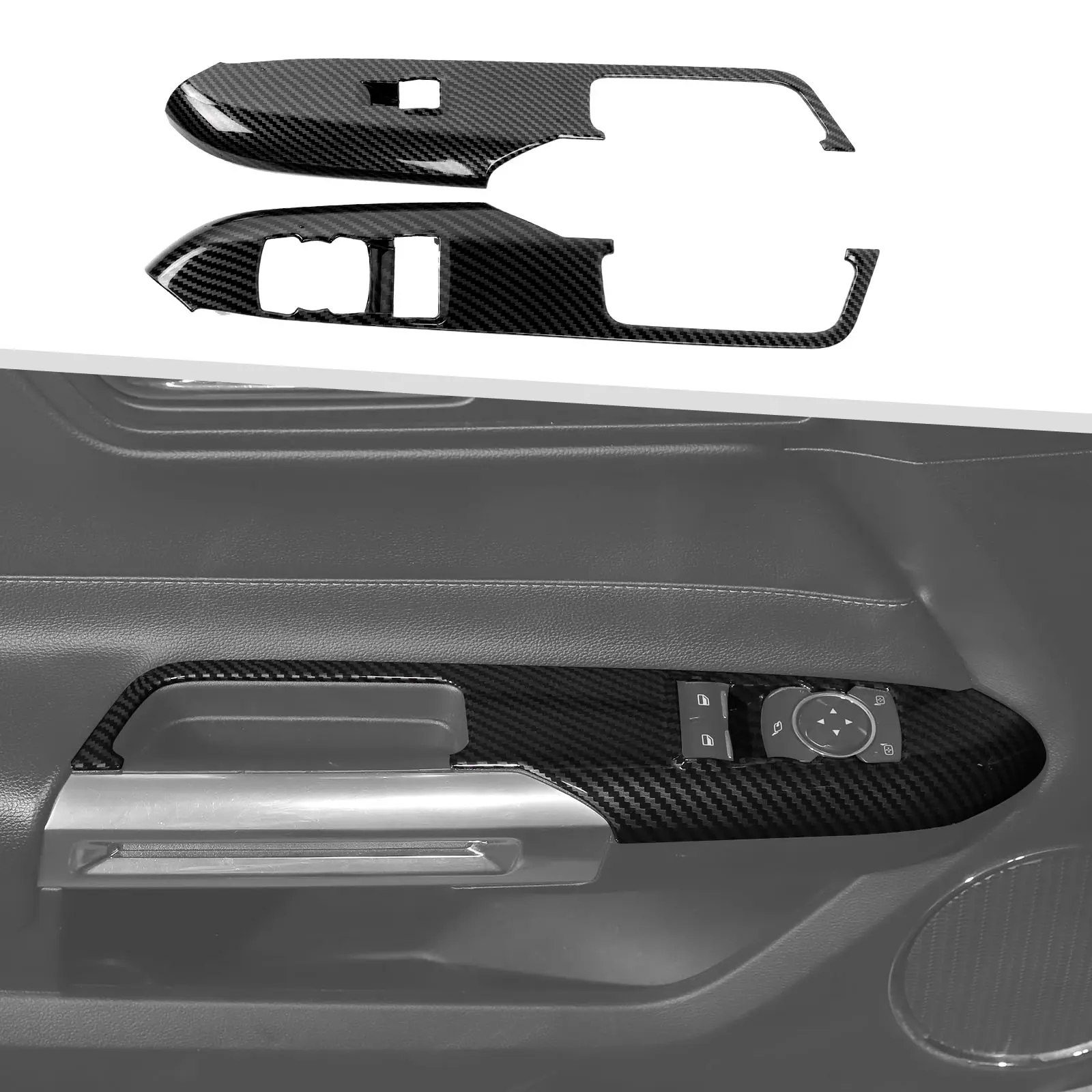 2-Pieces 2-Item/Set Window Lift Switch Button Trim Cover for 2015+ Ford Mustang, Carbon Fiber & Acrylonitrile Butadiene Styrene Car Interior Decorative Accessory, Precise Fit, Self-Adhesive, Quick Install, Aesthetic Upgrade