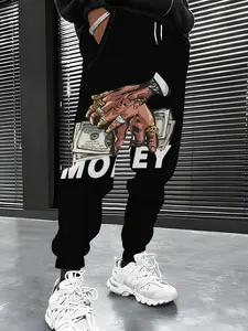 Stylish Men's Printed Sweatpants with Money and Hand Patterns, Featuring Drawstring and Pockets. Comfortable and Casual, Made of Stretch Polyester.