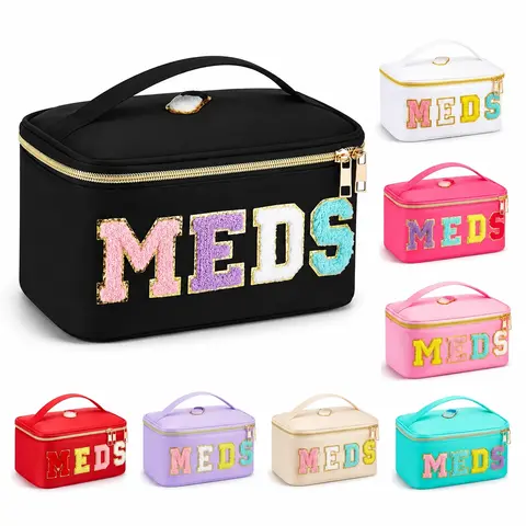 Adults' Large Black Chenille Cosmetic Pouch - 7 Colors/14pcs Small Durable PVC Travel Cosmetic Bags with Meds Lettering, Shiny Toiletries Storage, Soft Feel, Zip Closure, Built-in Organizer, Portable Trip-Sized Kitchen Utensil & Pill Organizer