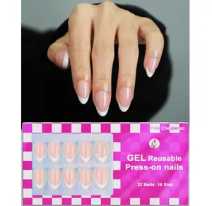 French Almond Gel Press On Nails Short 16 Sizes Fake Nails Glossy 32pcs, Nail Glue Included