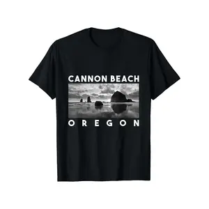 Themed Cannon Beach Lighthouse & Haystack TShirt  180g Heavyweight Pure Cotton Retro Casual Short Sleeve Tee for s, Black with White Print, Iconic Landmark Souvenir Apparel