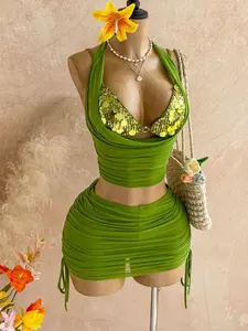 Women's Green Sequin 2-Piece Set, Women's Clothes - Halter Neck Backless Top, Ruffle Skirt, Lightweight Feminine Party Outfit, Boho Outfits, 2 Piece Sets